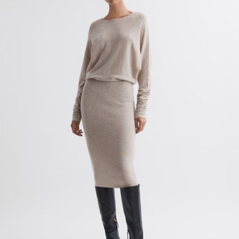 Reiss Leila Knitted Crew Neck Sweater Dress in Neutral Tan